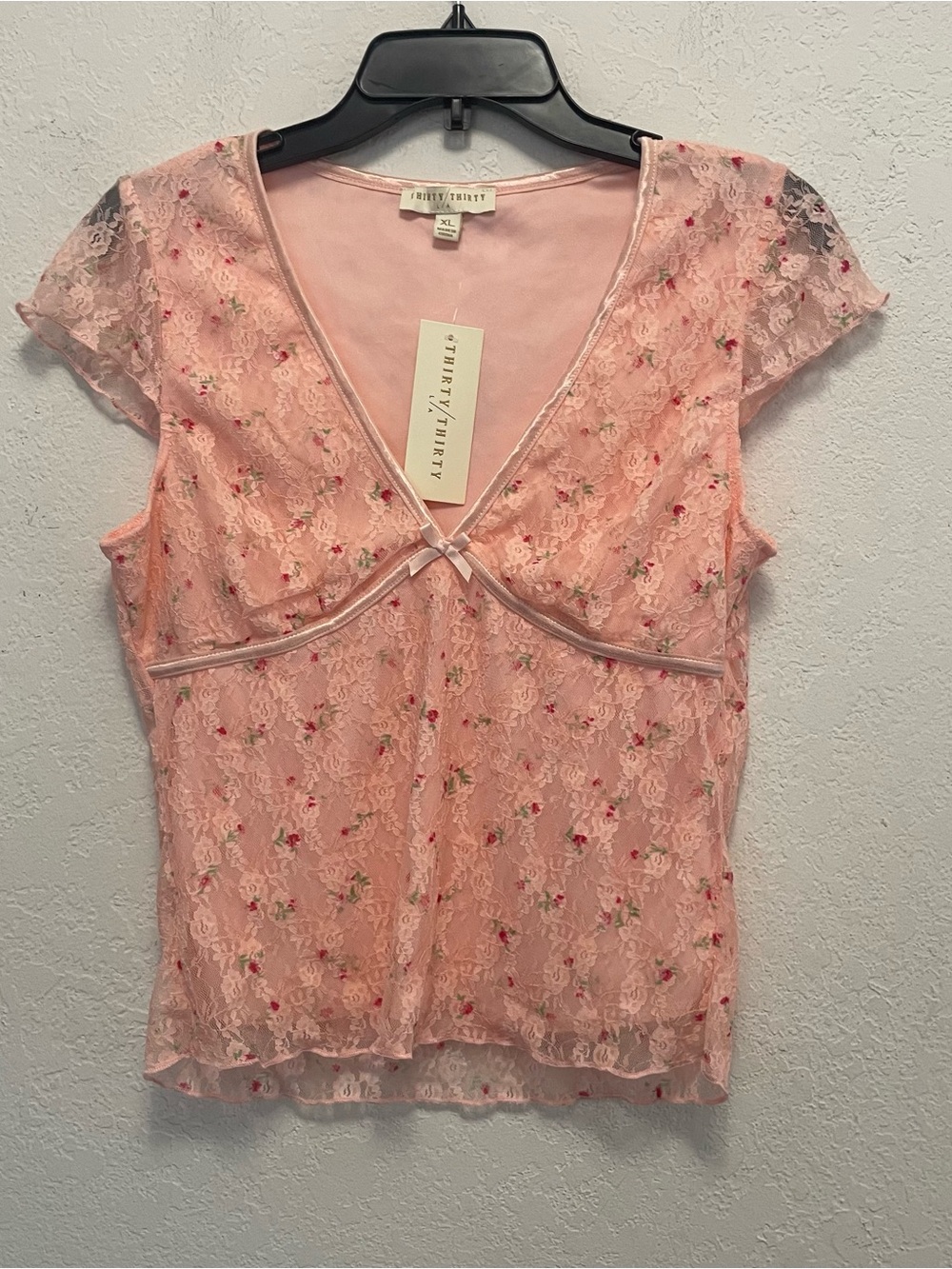Thirty/Thirty LA Pink Floral Lace V-Neck Top Y2K Coquette Fairy - Size XL NEW